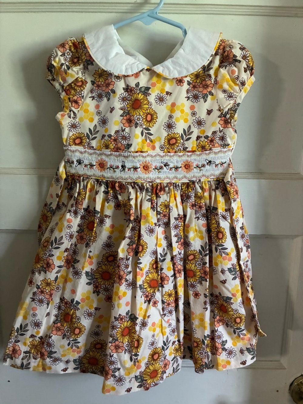 3T Girls Floral Smocked Cotton Dress - Yellow & Cream